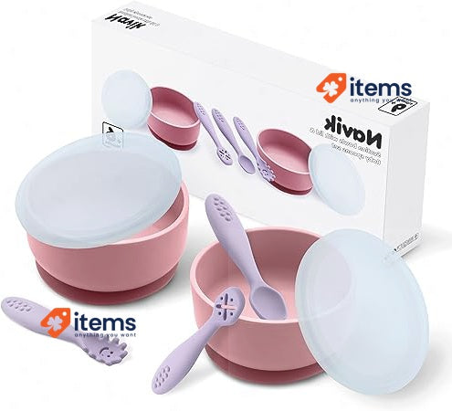 Navik Set Pappa Weaning Silicone Bowl For Baby With Suction Cup Pink & Purple