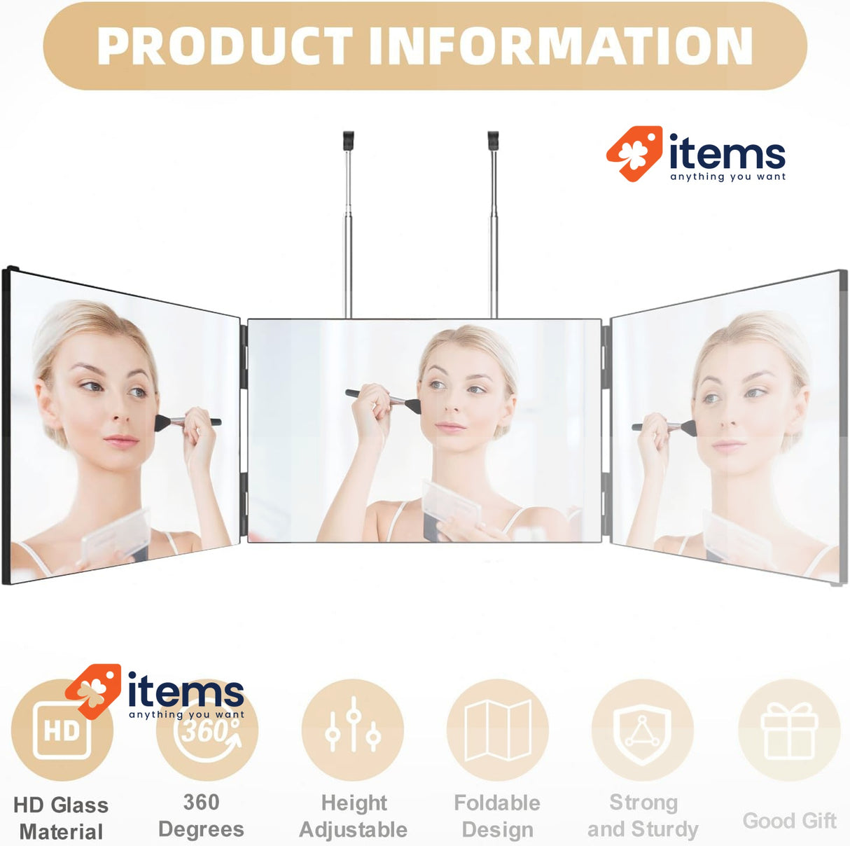 AHWOiHS 3 Way 360° Self Cut Mirror - Foldable Portable