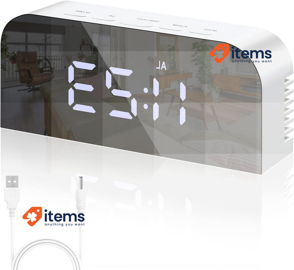 Vinabo Alarm Digital Clock LED With 2 USB Ports White Mirror Bedside Morning Or