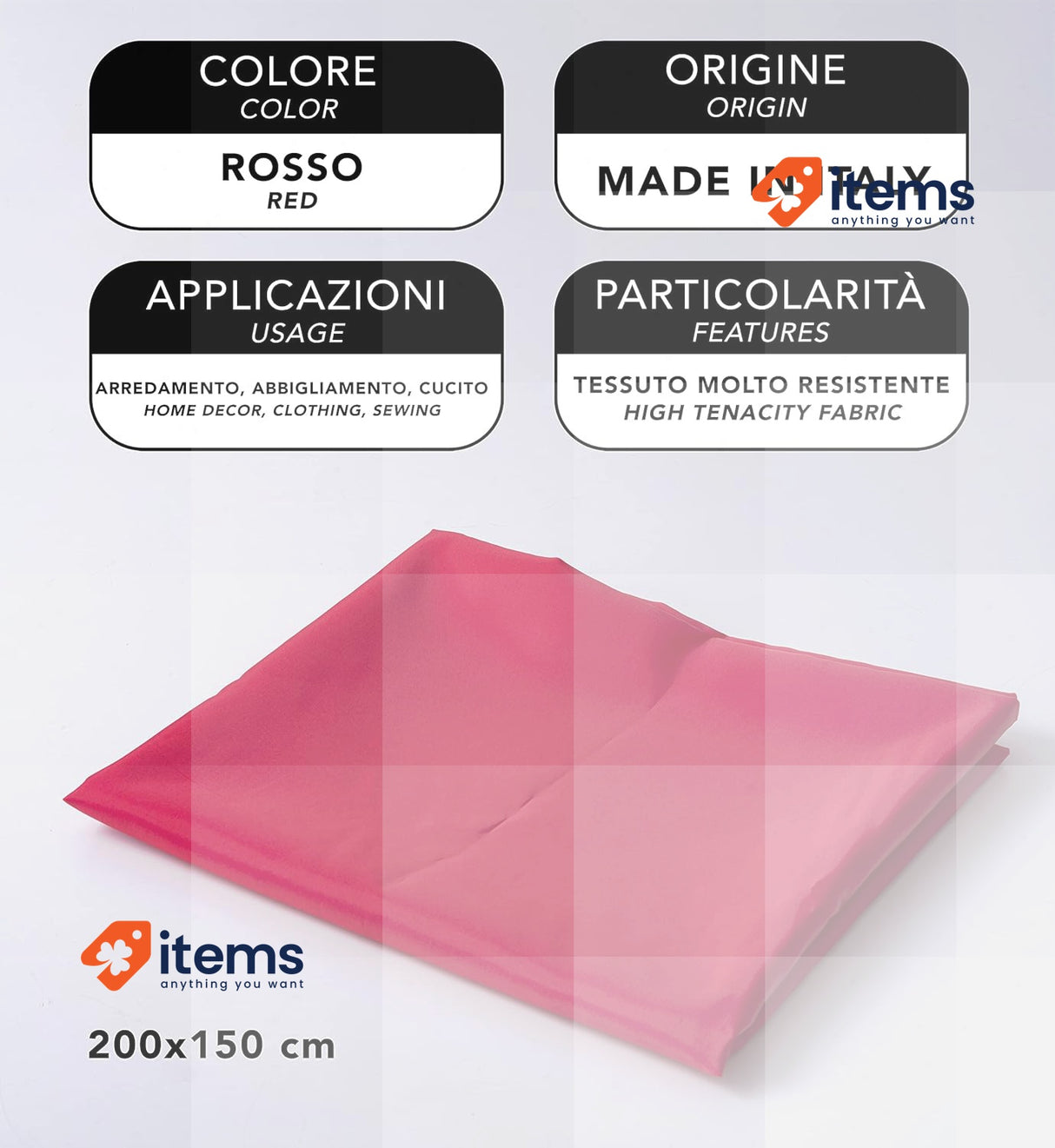 IPEA Lining Fabric Red 200x150cm - Made in Italy - Sold by the Metre for Sewing