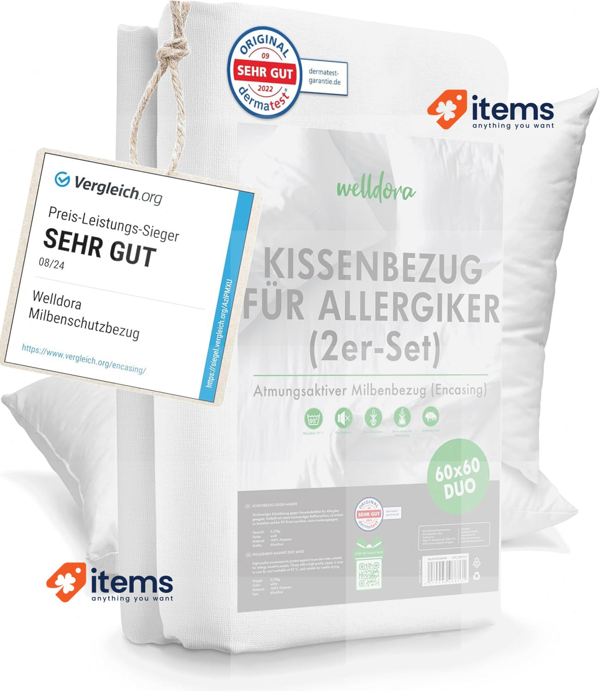 Welldora Set of 2 mite cover pillows, 60 x 60 cm, allergy sufferers cushion