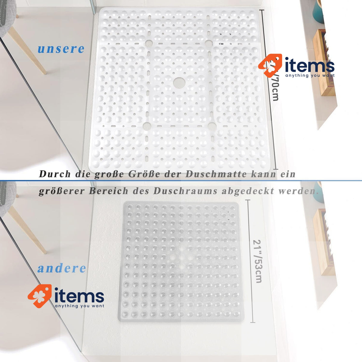 Walant Shower Mat, 70 x 70 cm, Square, Non-Slip, Quick Drying White