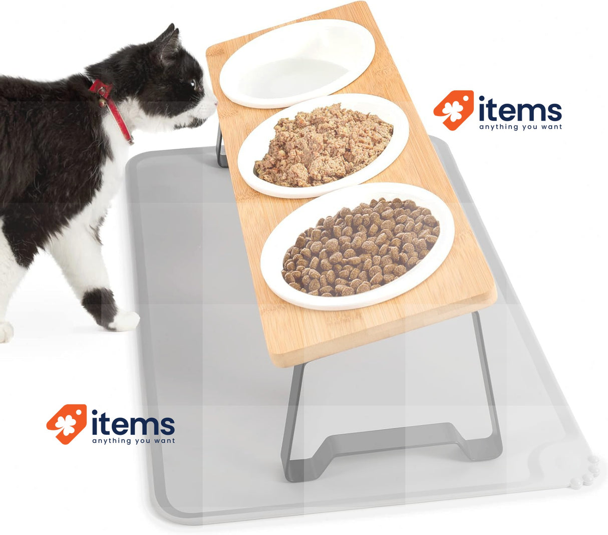 Lannvan Raised Cat Bowl, Set of 3 Ceramic Feeding Bowls with Silicone Bowl Mat