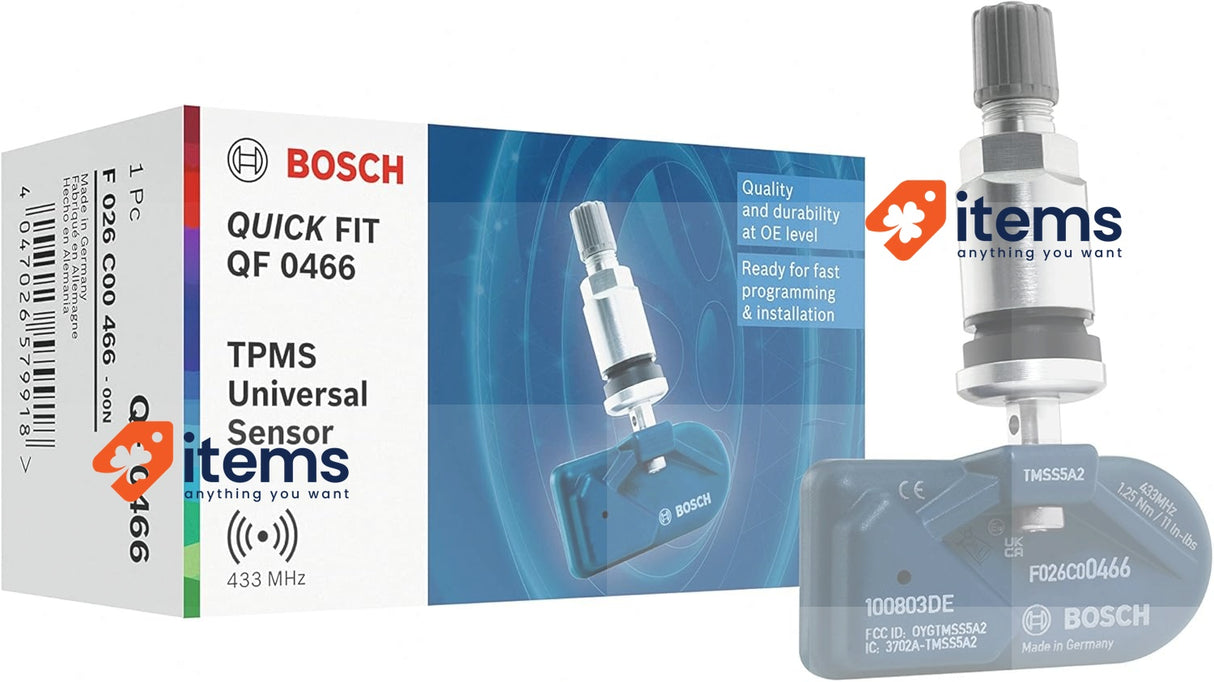 Bosch F026C00466 - QF0466 Programmable QUICK FIT TPMS Sensor Silver Tyre Metal