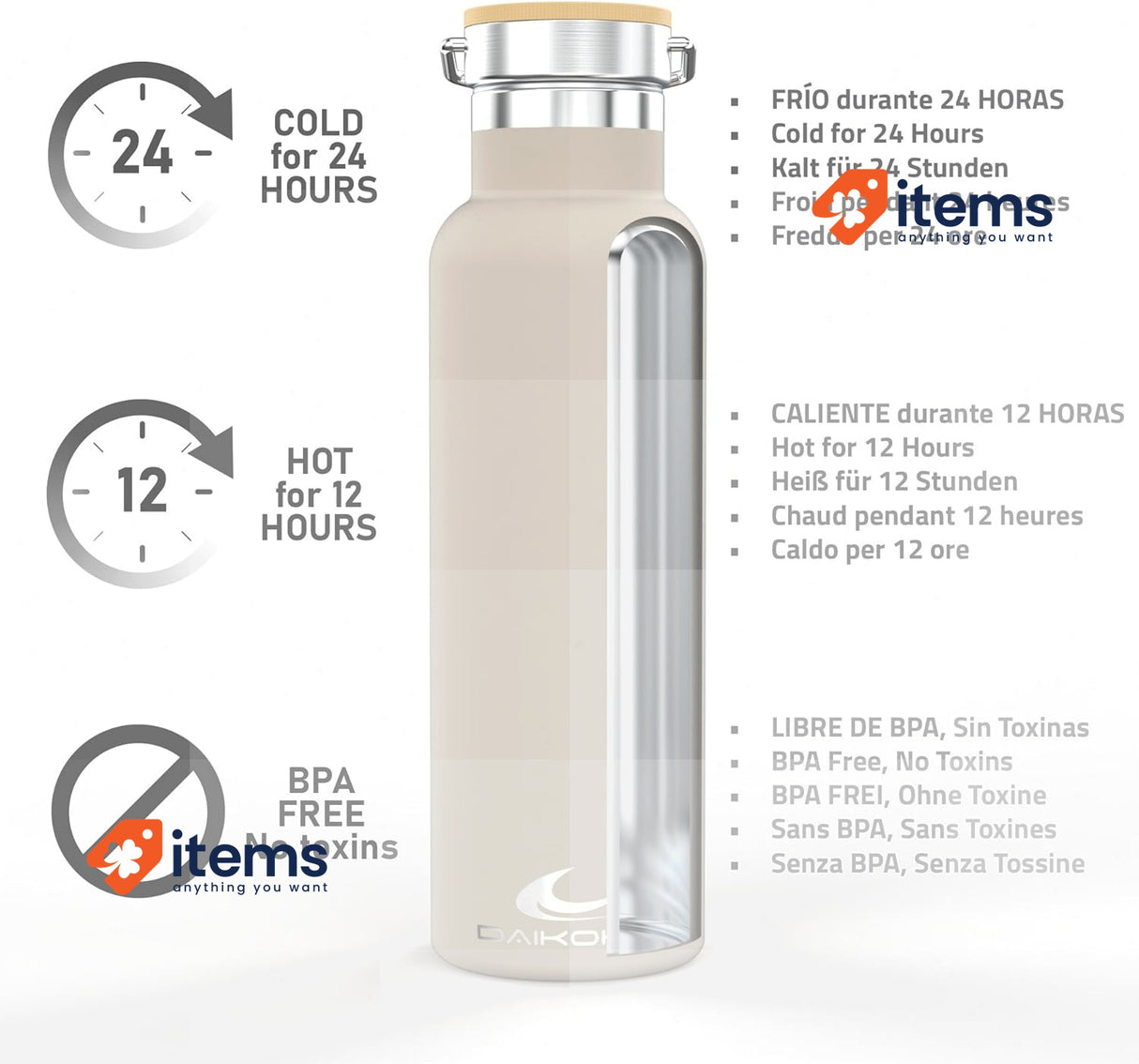 Daikoku Bottle, Double-Walled Stainless Steel Thermos, Two Caps, Beige, 500 ML