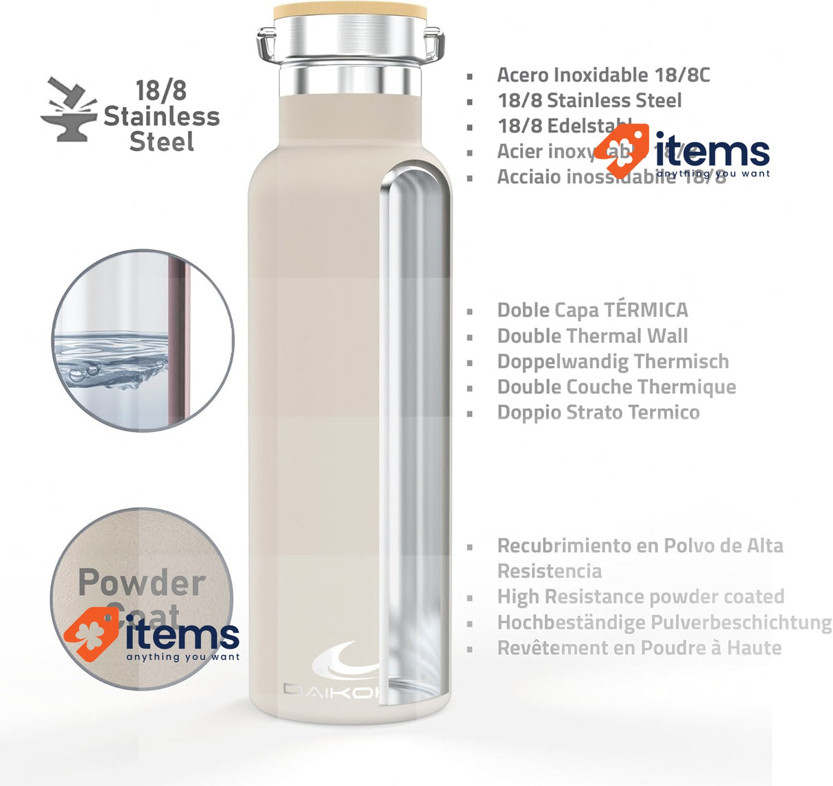 DAIKOKU Bottle Double Walled Stainless Steel Thermos Pastel Beige 500ML - 500 ML