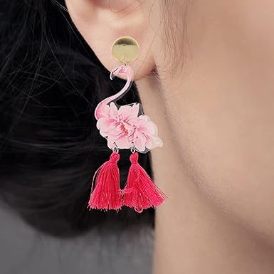 USHOBE 1 Pair of Cute Flamingo Tassel Earrings Animal Bird Swing Earrings