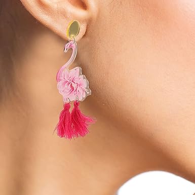 USHOBE 1 Pair of Cute Flamingo Tassel Earrings Animal Bird Swing Earrings
