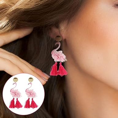 USHOBE 1 Pair of Cute Flamingo Tassel Earrings Animal Bird Swing Earrings