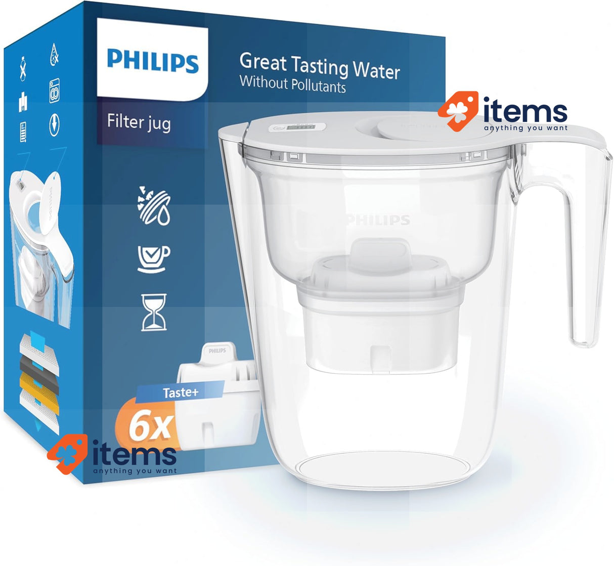 Philips Water Filter Jug Fast flow Replacement Filter Cartridges 6 White 2.6L