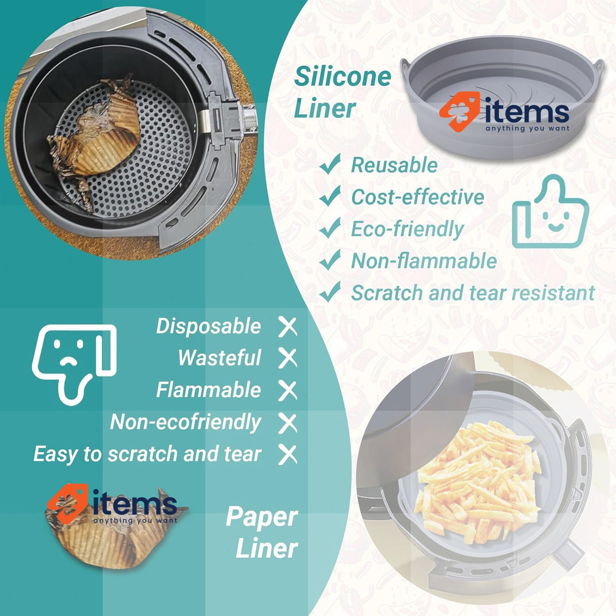 Alyvisun Air Fryer Silicone Liners 2PCS Reusable Airfryer Oven (grey) - Set Of 2