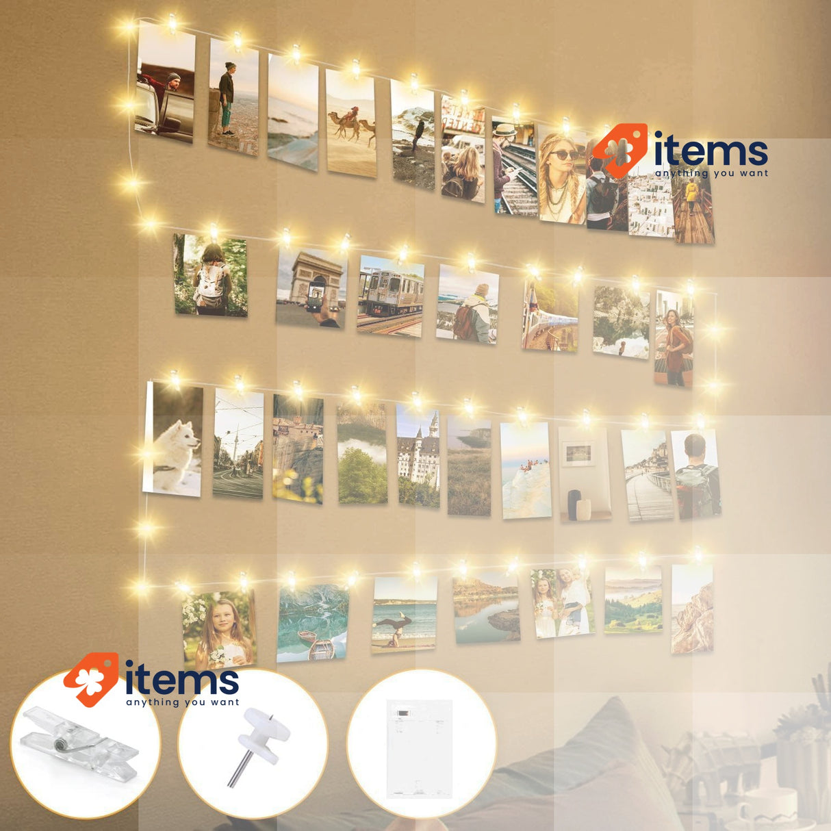 btfarm 50 LED Photo Clip String Lights with Timer, 60 Clips