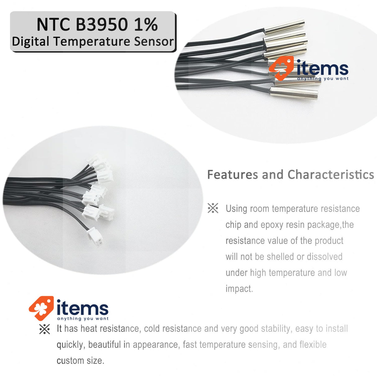 Fajoeda Pack of 8 NTC Thermistor 10K Temperature Sensor Probe Stainless Steel