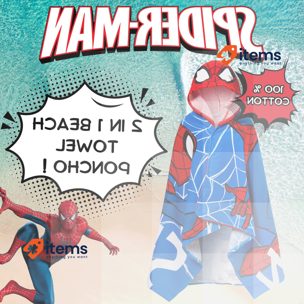 SPIDER-MAN Hooded Towel 100% Cotton Dress Up Avengers Poncho Kids Bath Towel
