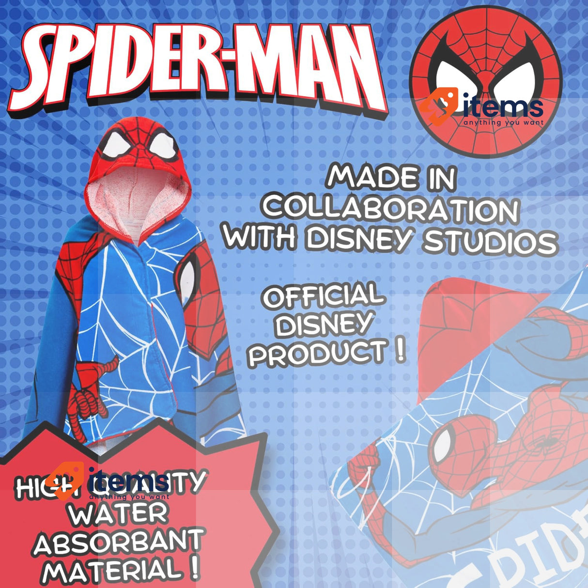 SPIDER-MAN Hooded Towel 100% Cotton Dress Up Avengers Poncho Kids Bath Towel