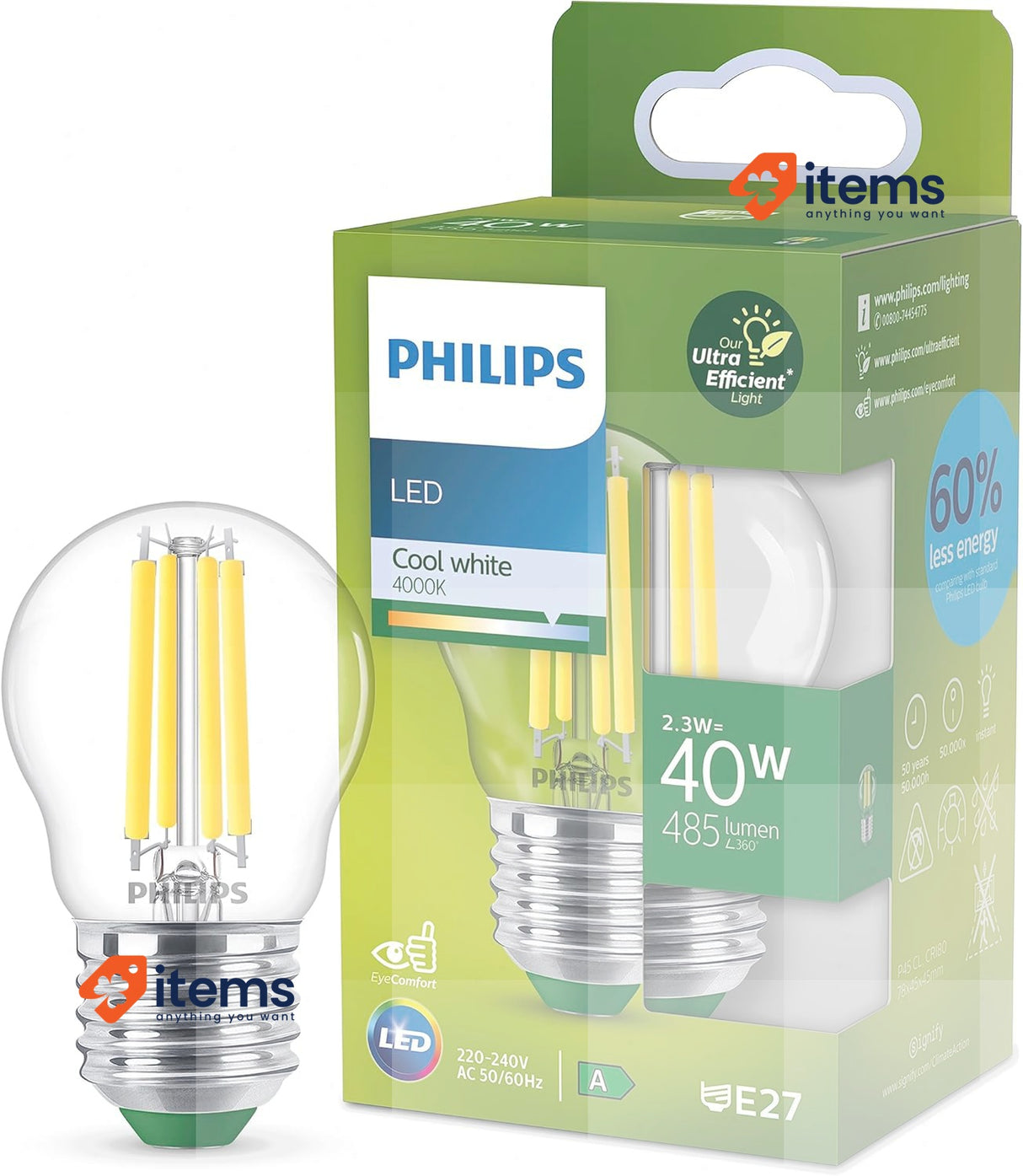 Philips Ultra Efficient LED Light Bulb Class A, 40W, E27 Cool White 4000 Kelvin