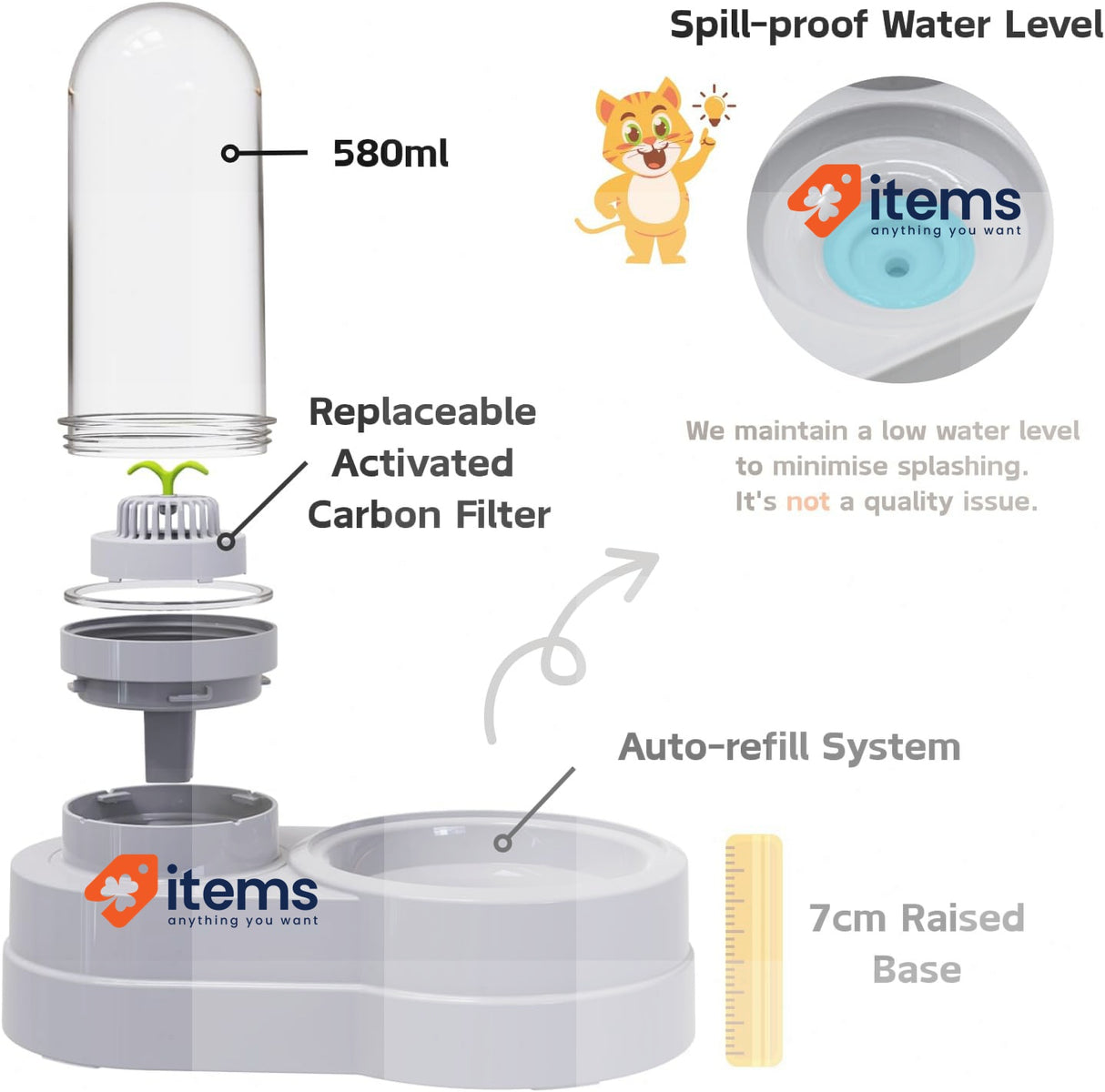 Septillar Pet Water Dispenser Station, 580ml Grey - 580 ML, ML Feeder Automatic