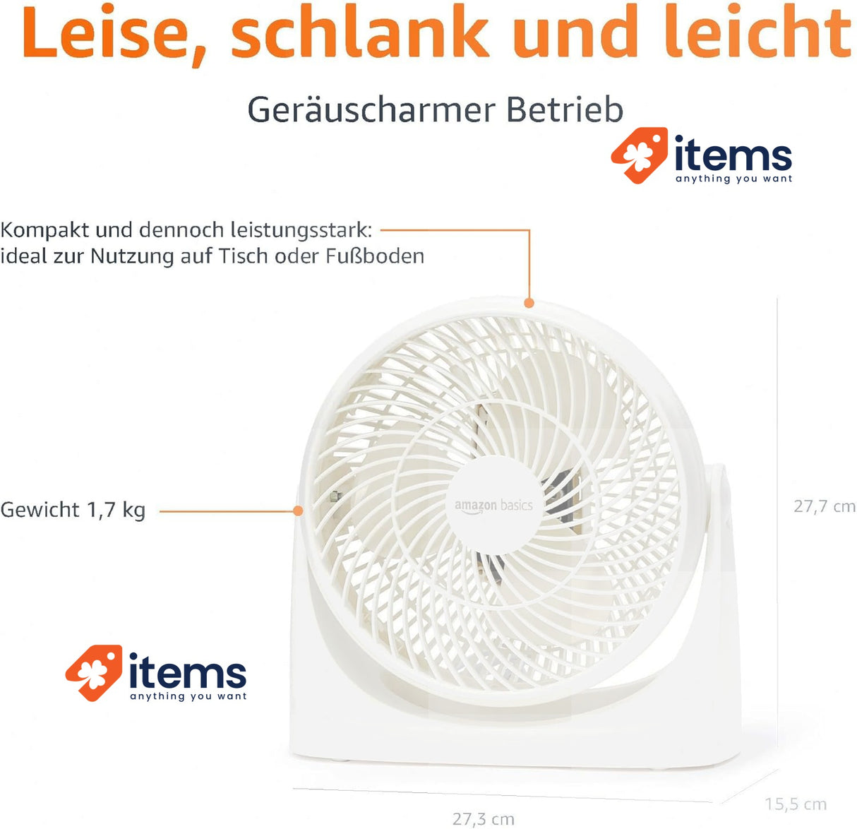 Amazon Basics Portable Table Fan 18cm Low Noise Cooling 3 Speed 90° Angle White