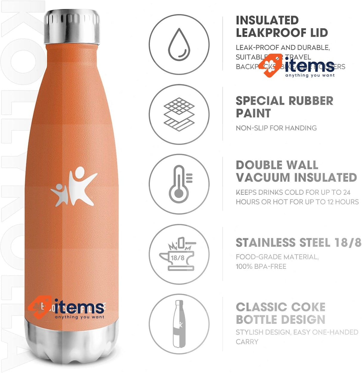KollyKolla Stainless Steel Water Bottle Flask 750ml Orange