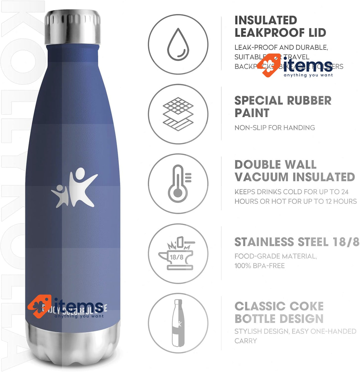 KollyKolla Isotherme Gourde 750ml, BPA-free Stainless Steel Blue