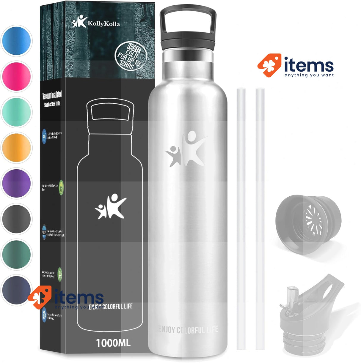 KollyKolla Insulated Water Bottle, 1L Stainless Steel Water Bottle