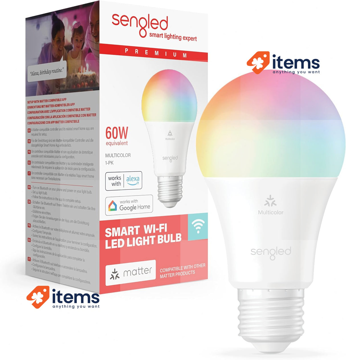 Sengled LED Smart Light Bulb (E27), Matter - Enabled, Multicolour Enabled 60W