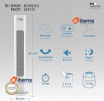 Boreas Tower Fan: Remote Control, Timer Up To 7.5 Hours Touch Buttons White 81