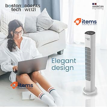 Boreas Tower Fan: Remote Control, Timer Up To 7.5 Hours Touch Buttons White 81