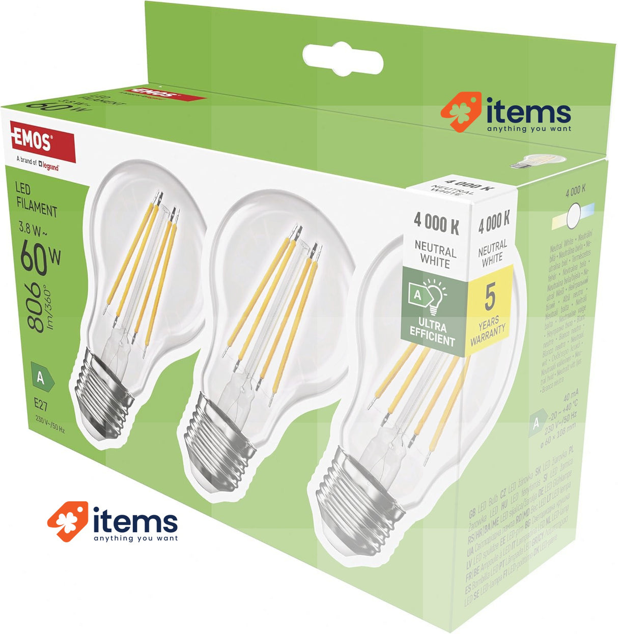 EMOS - LED Filament Light Bulb A60 E27 Base Neutral White Night Lights