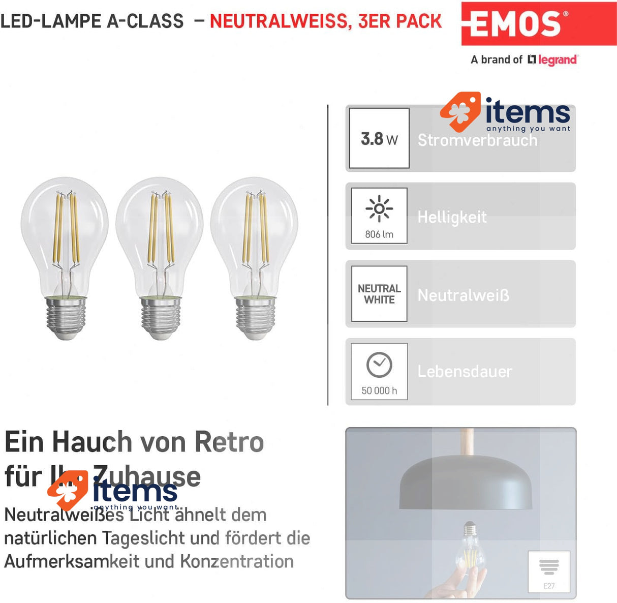 EMOS - LED Filament Light Bulb A60 E27 Base Neutral White Night Lights