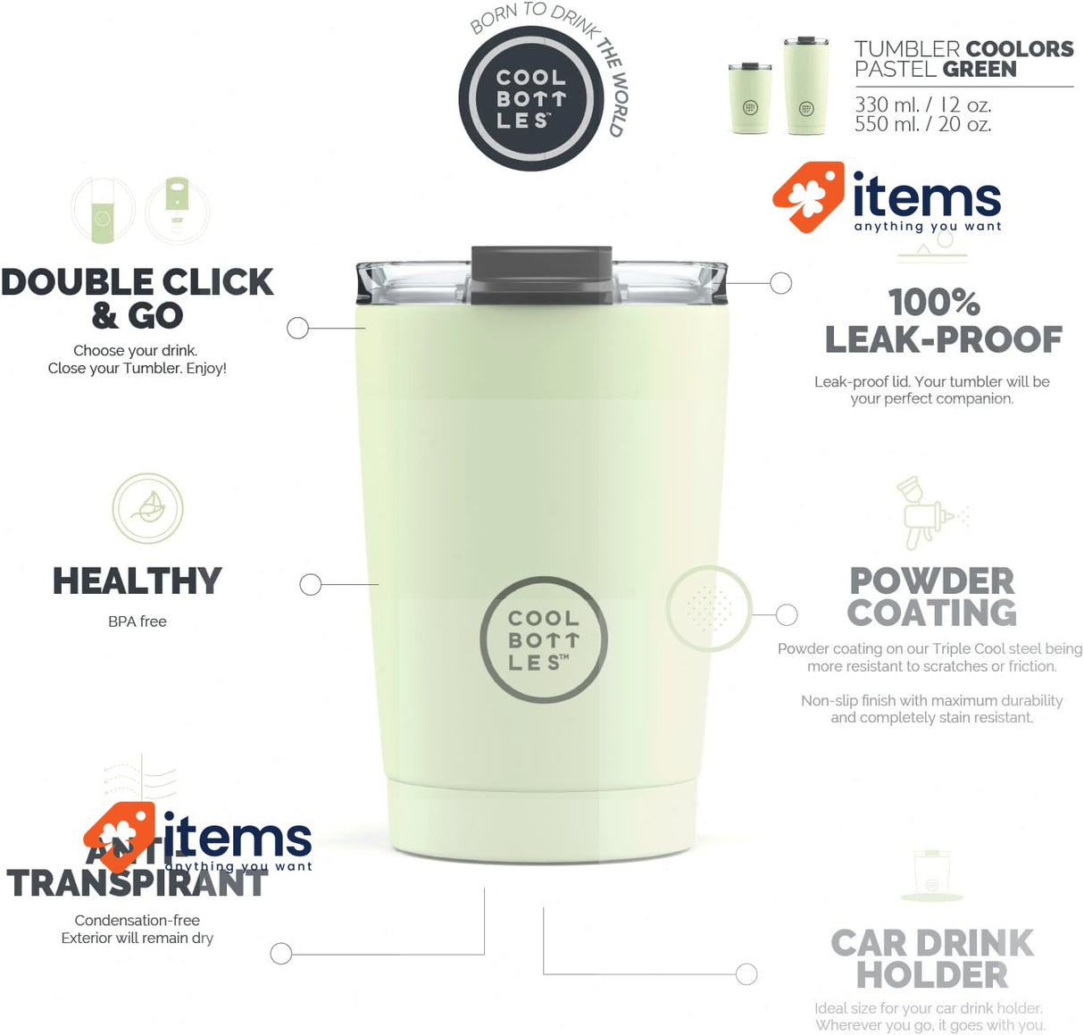 Cool Bottles Stainless Steel 330 Ml - Pastel Green Thermal Tumbler Airtight Lid