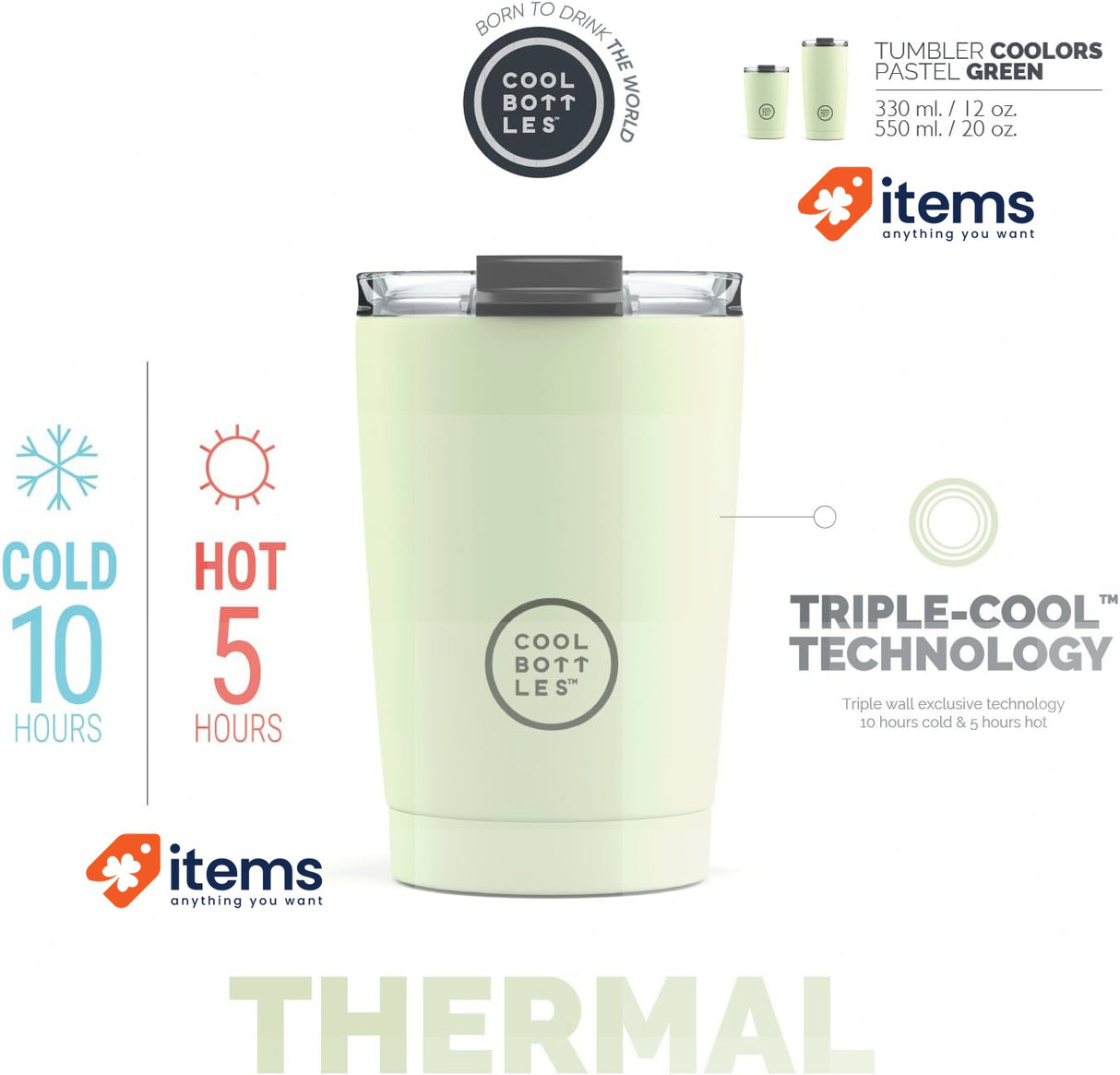 Cool Bottles Stainless Steel 330 Ml - Pastel Green Thermal Tumbler Airtight Lid