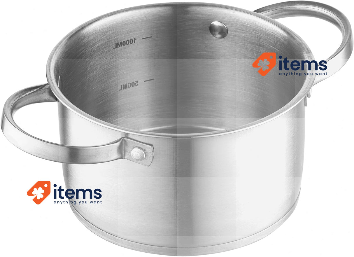 FLORINA Stainless Steel Pot (1.2 L) 14 cm I Cooking Pot with Glass Lid Silver