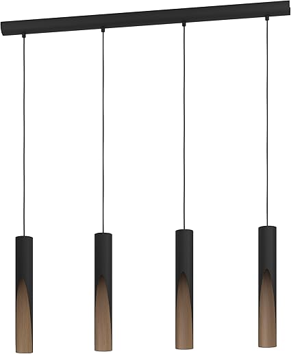 EGLO Barbotto -4 lights suspension LED lamp, black metal and wooden appearance