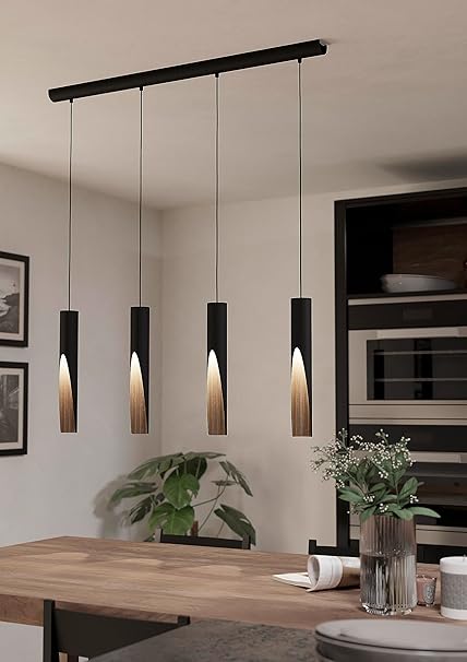 EGLO Barbotto -4 lights suspension LED lamp, black metal and wooden appearance