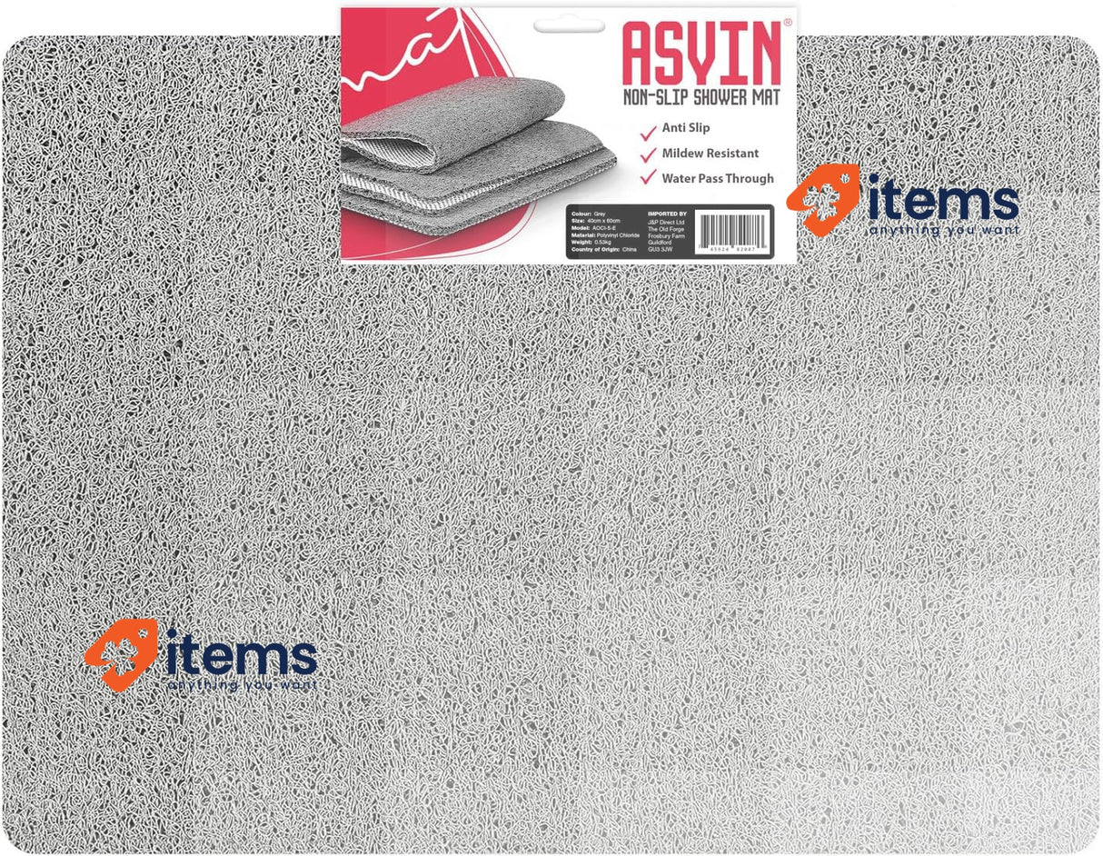 Asvin Large Anti Slip Bath & Shower Mat for Shower Wet Areas 60x80cm Grey