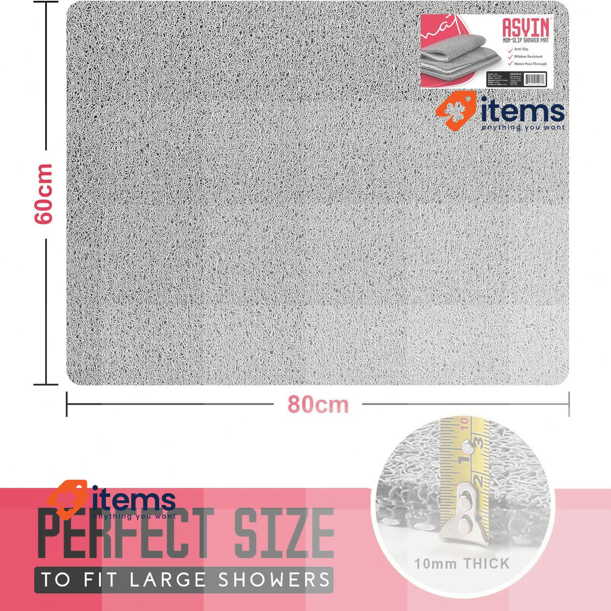 Asvin Large Anti Slip Bath & Shower Mat for Shower Wet Areas 60x80cm Grey