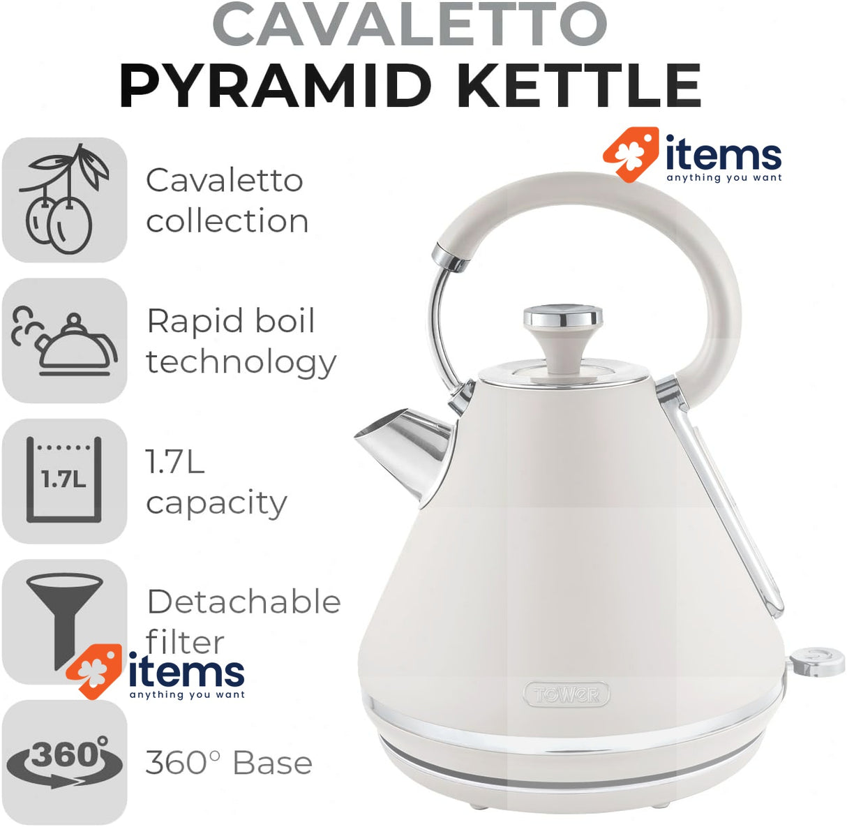Tower T10044MSH Cavaletto Pyramid Kettle With Fast Boil, Detachable Filter 1.7L