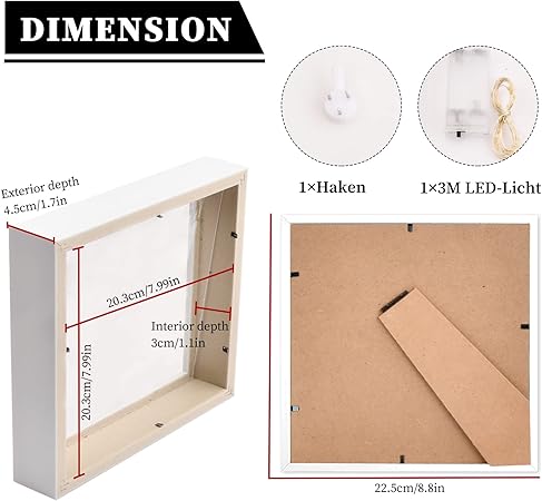 Azonelife 3D Picture Frame for Picture Frame Deep 20 x 20 cm White/Black