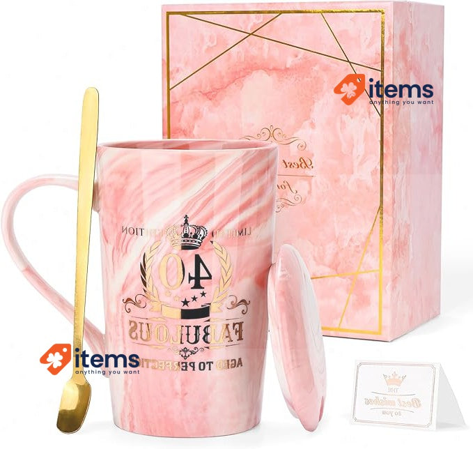 40th Birthday Gifts for Women, 12oz Gold Printed Ceramic Mug with Spoon, Pink