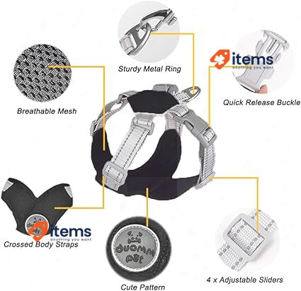 FEimaX No Pull Dog Harness And Lead Set Black Large Small Medium Dogs Adjustable