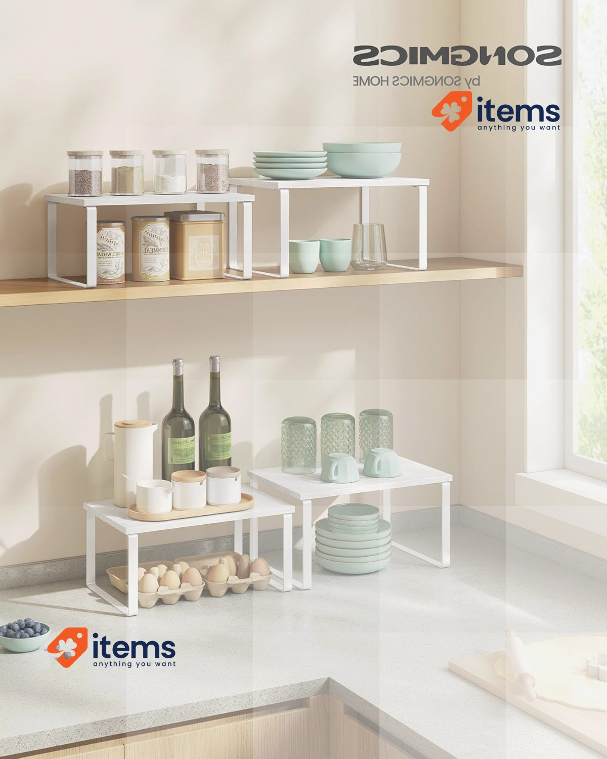 SONGMICS Spice Rack, Set of 2 Cupboard Shelf Organisers, Expandable Kitchen Wood