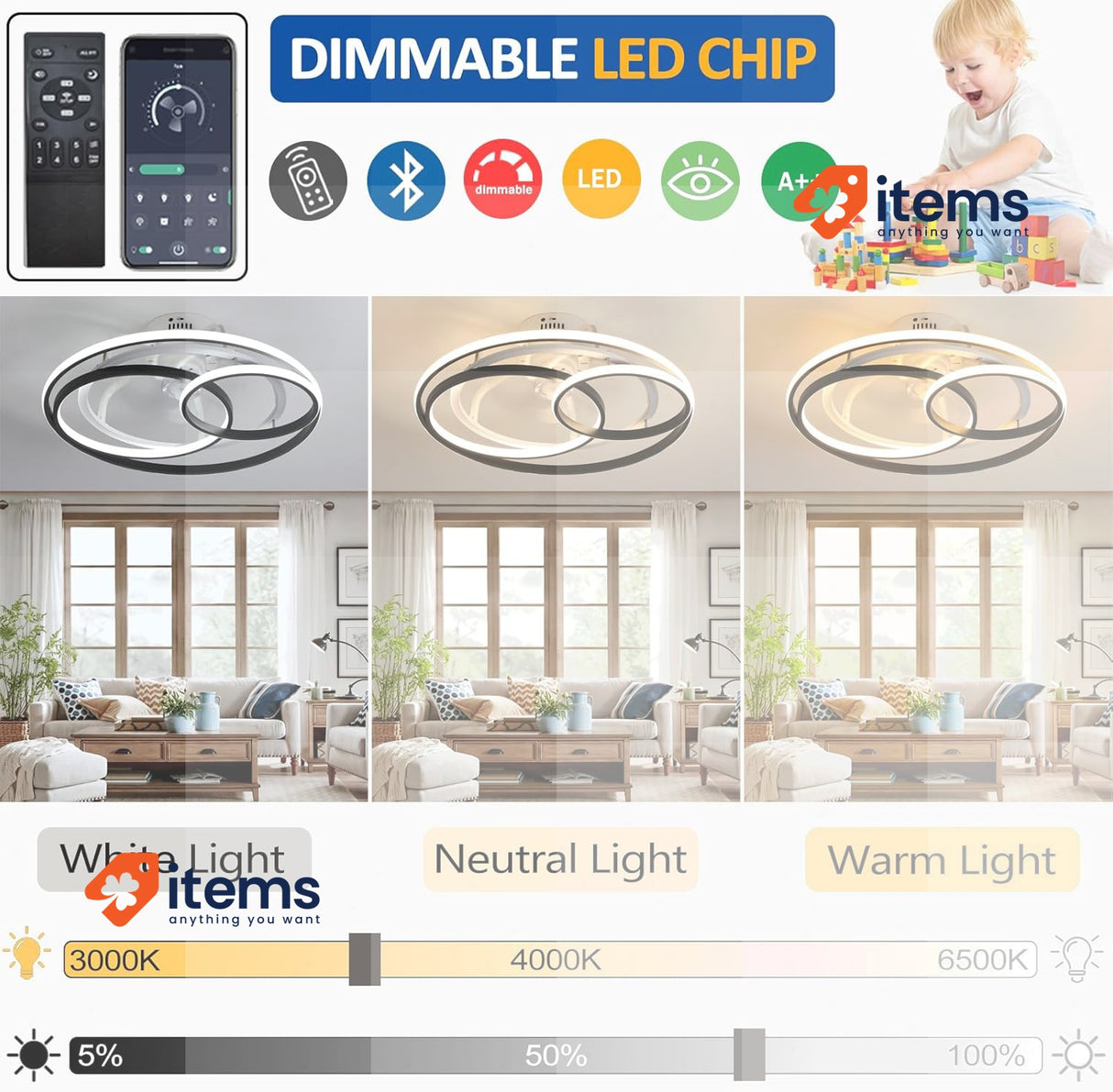 OMGPFR Modern Creative Ceiling Fan With Light And Remote Control Dimmable 50W