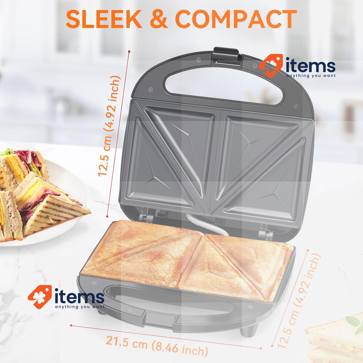 Snailar 2 Slice Sandwich Toaster with Triangle Plates 750W, Black