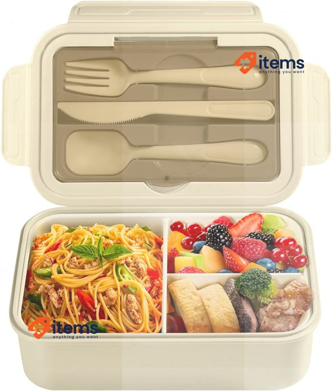 Diboniur Lunch Box with Compartments Cutlery 1400 ml Microwave Safe (Khaki)