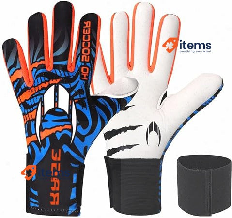 HO Soccer Beast+ Hazard V2 Blue Goalkeeper Gloves, Unisex, Blue/Orange, Size 4