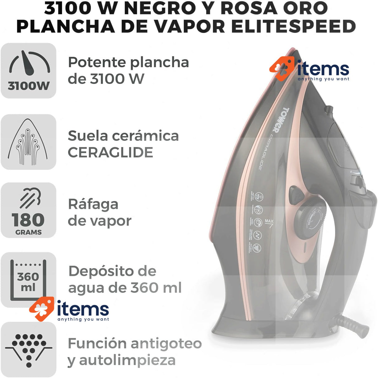 Tower T22013 CeraGlide Steam Iron, Ceramic Plate, 3100 W, Rose Gold and Black