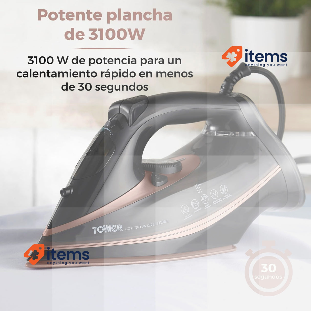 Tower T22013 Ceraglide Steam Iron, Ceramic Plate, 3100 W, Rose Gold And Black