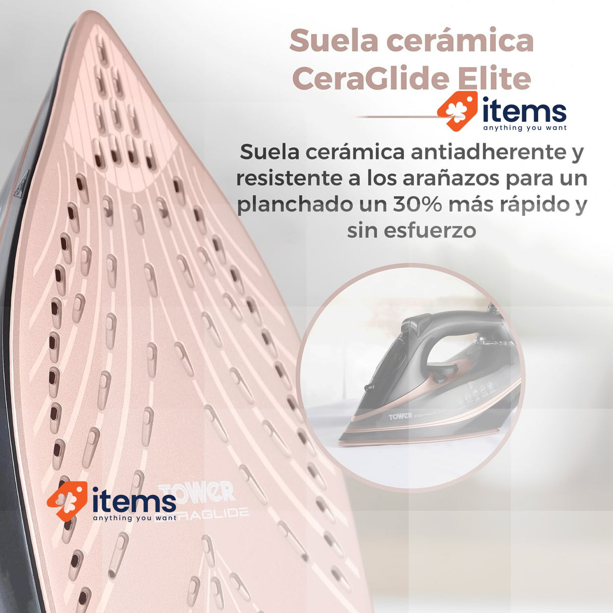 Tower T22013 Ceraglide Steam Iron, Ceramic Plate, 3100 W, Rose Gold And Black