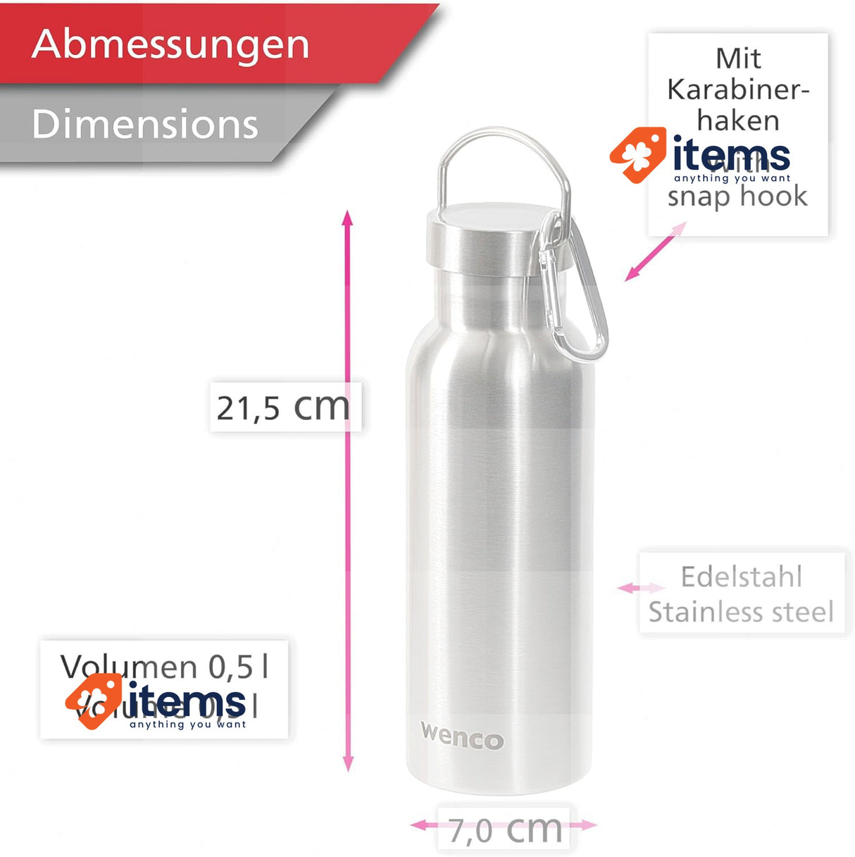 wenco Stainless Steel Water Bottle 0.5 L / 500 ml Insulated and Leak-Proof